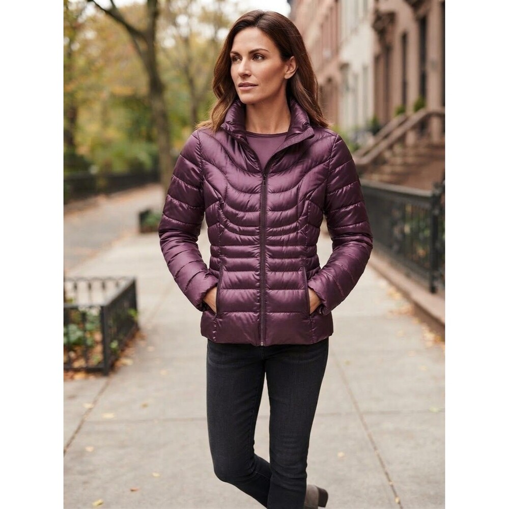 ANA Packable Premium Down Puffer Coat Jacket - Women’s Medium Metallic Plum EUC